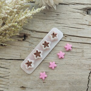 May include: A white silicone mold with five flower-shaped cutouts. Five pink flower-shaped fondant decorations are next to the mold.
