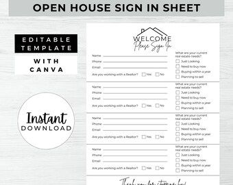 Open House Sign In Sheet, INSTANT DOWNLOAD, Editable Canva Template, Real Estate Marketing, Open House Form, Realtor Open House – MDD012
