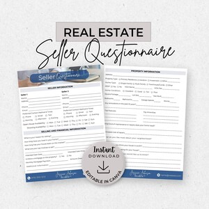 Real Estate Seller Questionnaire, INSTANT DOWNLOAD, Editable Canva Template, Realtor Forms, Real Estate Marketing, Pre-Listing Worksheet