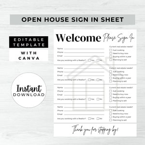 Open House Sign In Sheet, INSTANT DOWNLOAD, Editable Canva Template, Real Estate Marketing, Open House Form, Realtor Open House
