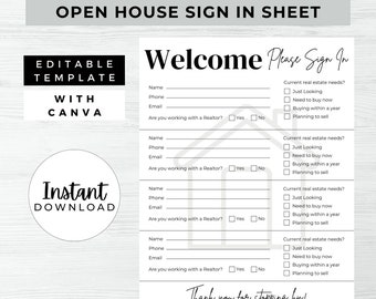 Open House Sign In Sheet, INSTANT DOWNLOAD, Editable Canva Template, Real Estate Marketing, Open House Form, Realtor Open House