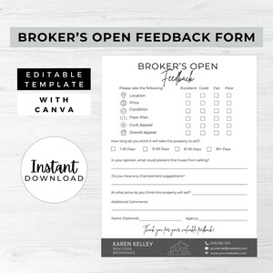 Broker’s Open Feedback Form, INSTANT DOWNLOAD, Feedback Form, Canva Real Estate Template, Feedback Questionnaire, Broker’s Open House, Gray