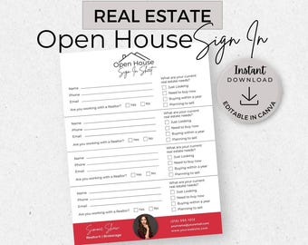 May include: A printable real estate open house sign-in sheet with a checklist for visitors to indicate their real estate needs. The sheet includes fields for name, phone number, email address, and a question about whether the visitor is working with a realtor. The sheet also includes a small image of a realtor and contact information.