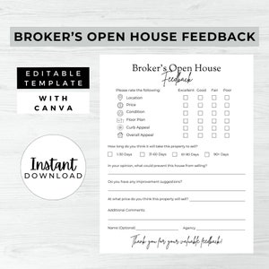 Feedback op open dag voor makelaars, DIRECT DOWNLOAD, feedbackformulier, afdrukbare sjabloon Canva Real Estate, feedbackvragenlijst – MDD026