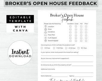 Broker’s Open House Feedback, INSTANT DOWNLOAD, Feedback Form, Canva Real Estate Printable Template, Feedback Questionnaire – MDD026