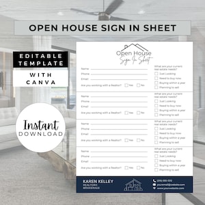 Open House Sign In Sheet, INSTANT DOWNLOAD, Editable Canva Template, Real Estate Marketing, Open House Form, Realtor Open House
