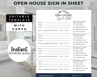 Open House Sign In Sheet, INSTANT DOWNLOAD, Editable Canva Template, Real Estate Marketing, Open House Form, Realtor Open House