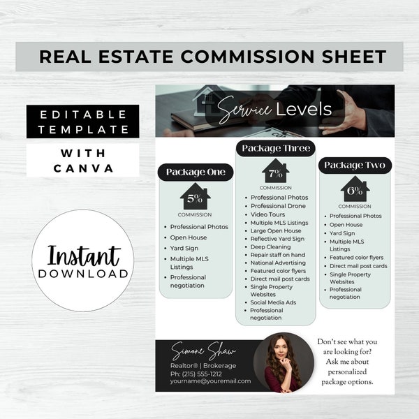 Real Estate Commission Sheet, INSTANT DOWNLOAD, Listing Presentation, Real Estate Marketing, Real Estate Canva, Realtor Flyer, Service Level