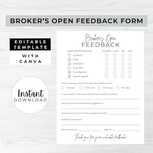 Broker’s Open Feedback Form, INSTANT DOWNLOAD, Feedback Form, Canva Real Estate Template, Feedback Questionnaire, Broker’s Open House