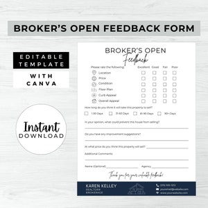 Broker’s Open Feedback Form, INSTANT DOWNLOAD, Feedback Form, Canva Real Estate Template, Feedback Questionnaire, Broker’s Open House, Blue