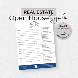 Open House Sign In Sheet, INSTANT DOWNLOAD, Editable Canva Template, Real Estate Marketing, Open House Form, Realtor Open House, Blue