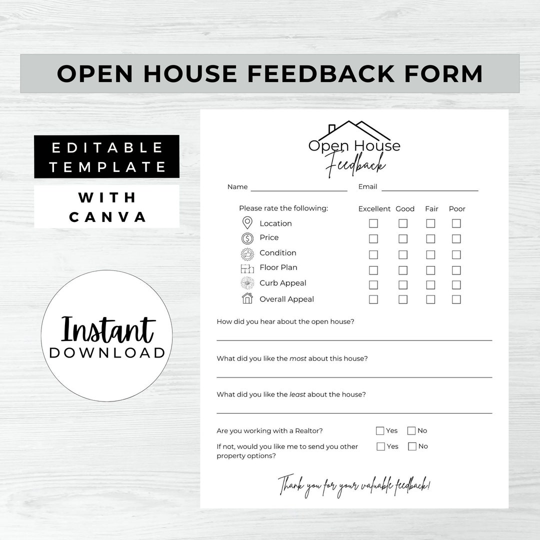 Open House Feedback Form, INSTANT DOWNLOAD, Feedback Form for Open House, Realtor Open House ...