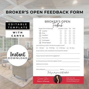 Broker’s Open Feedback Form, INSTANT DOWNLOAD, Feedback Form, Canva Real Estate Template, Feedback Questionnaire, Broker’s Open House, Red