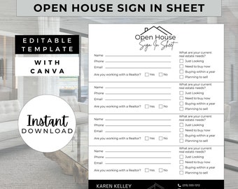 Open House Sign In Sheet, INSTANT DOWNLOAD, Editable Canva Template, Real Estate Marketing, Open House Form, Realtor Open House