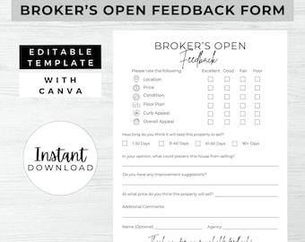 Broker’s Open House Feedback, INSTANT DOWNLOAD, Feedback Form, Canva Real Estate Printable Template, Feedback Questionnaire – MDD025