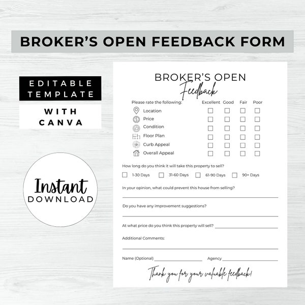 Broker’s Open House Feedback, INSTANT DOWNLOAD, Feedback Form, Canva Real Estate Printable Template, Feedback Questionnaire – MDD025