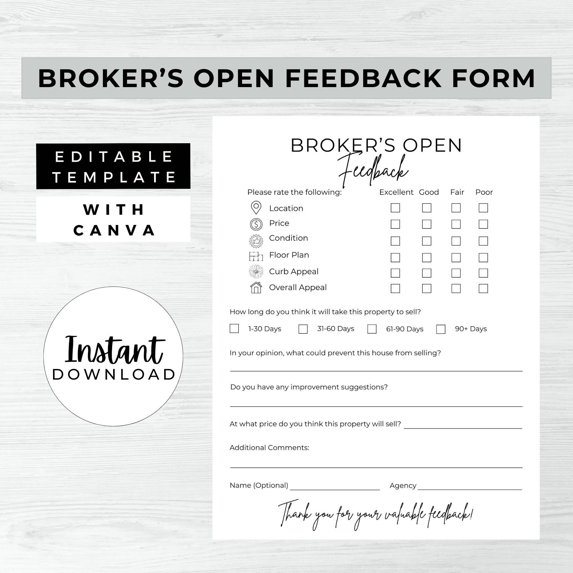 Broker’s Open House Feedback, INSTANT DOWNLOAD, Feedback Form, Canva Real Estate Printable ...