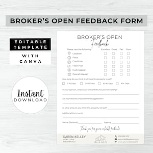 Broker’s Open Feedback Form, INSTANT DOWNLOAD, Canva Real Estate Template, Feedback Questionnaire, Brokers Open House, Alabaster