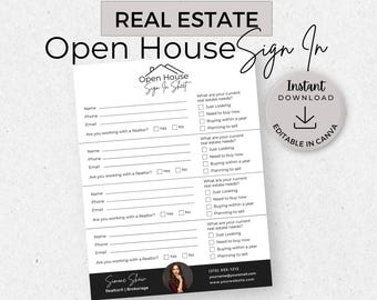 Open House Sign In Sheet, INSTANT DOWNLOAD, Editable Canva Template, Real Estate Marketing, Open House Form, Realtor Open House, Black