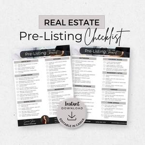 Op de afbeelding: Twee pre-listing checklist templates voor onroerend goed, met titels als 'Entree', 'Keuken' en 'Badkamer'. De checklists zijn ontworpen om te helpen bij het voorbereiden van een huis voor verkoop. De woorden 'Direct downloaden' en 'Bewerkbaar in Canva' zijn ook zichtbaar.