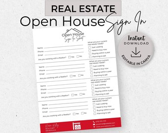 May include: A black and white printable sign-in sheet for an open house. The sheet includes fields for name, phone number, email address, and a question asking if the person is working with a realtor. The sheet also includes a checklist of real estate needs, including "Just Looking", "Need to buy now", "Buying within a year", and "Planning to sell".