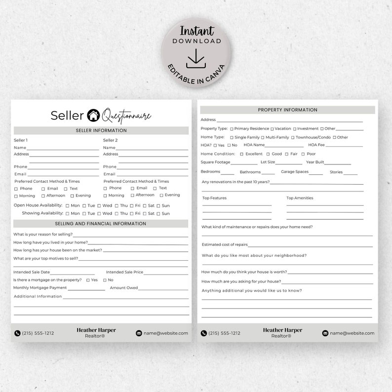 Selling Questionnaire Real Estate Seller Questionnaire, INSTANT DOWNLOAD, Editable Canva ...
