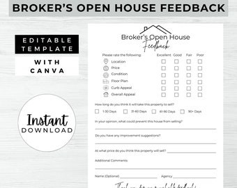 Broker’s Open House Feedback, INSTANT DOWNLOAD, Feedback Form, Canva Real Estate Printable Template, Feedback Questionnaire – MDD024