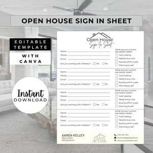 Open House Sign In Sheet, INSTANT DOWNLOAD, Editable Canva Template, Real Estate Marketing, Open House Form, Realtor Open House