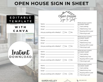 Open House Sign In Sheet, INSTANT DOWNLOAD, Editable Canva Template, Real Estate Marketing, Open House Form, Realtor Open House