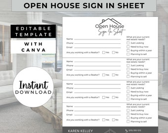 Open House Sign In Sheet, INSTANT DOWNLOAD, Editable Canva Template, Real Estate Marketing, Open House Form, Realtor Open House