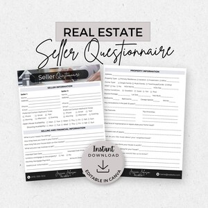 Real Estate Seller Questionnaire, INSTANT DOWNLOAD, Editable Canva Template, Realtor Forms, Real Estate Marketing, Pre-Listing Worksheet