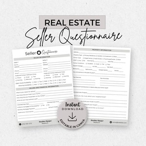Real Estate Seller Questionnaire, INSTANT DOWNLOAD, Editable Canva Template, Realtor Forms, Real Estate Marketing, Pre-Listing Worksheet
