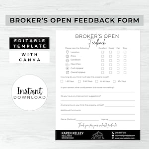 Broker’s Open Feedback Form, INSTANT DOWNLOAD, Feedback Form, Canva Real Estate Template, Feedback Questionnaire, Broker’s Open House, Black