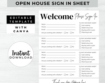Open House Sign In Sheet, INSTANT DOWNLOAD, Editable Canva Template, Real Estate Marketing, Open House Form, Realtor Open House