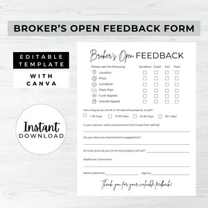 Broker’s Open House Feedback, INSTANT DOWNLOAD, Feedback Form, Canva Real Estate Printable Template, Feedback Questionnaire, Broker’s Open