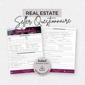 Real Estate Seller Questionnaire, INSTANT DOWNLOAD, Editable Canva Template, Realtor Forms, Real Estate Marketing, Pre-Listing Worksheet