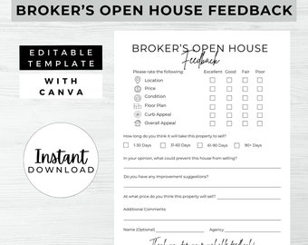Broker’s Open House Feedback, INSTANT DOWNLOAD, Feedback Form, Canva Real Estate Printable Template, Feedback Questionnaire