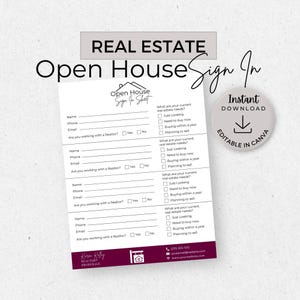 Open House Sign In Sheet, INSTANT DOWNLOAD, Editable Canva Template, Real Estate Marketing, Open House Form, Realtor Open House, Purple