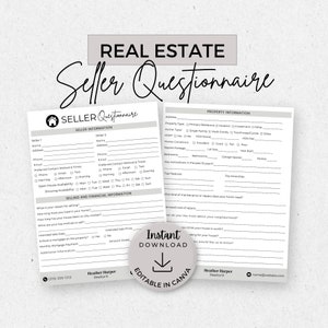 Real Estate Seller Questionnaire, INSTANT DOWNLOAD, Editable Canva Template, Realtor Forms, Real Estate Marketing, Pre-Listing Worksheet
