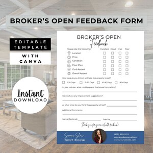 Broker’s Open Feedback Form, INSTANT DOWNLOAD, Feedback Form, Canva Real Estate Template, Feedback Questionnaire, Broker’s Open House, Blue