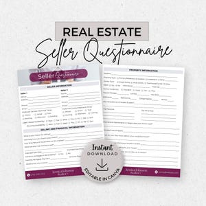 Real Estate Seller Questionnaire, INSTANT DOWNLOAD, Editable Canva Template, Realtor Forms, Real Estate Marketing, Pre-Listing Worksheet