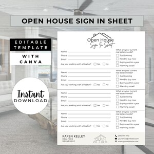 Open House Sign In Sheet, INSTANT DOWNLOAD, Editable Canva Template, Real Estate Marketing, Open House Form, Realtor Open House