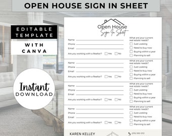 Open House Sign In Sheet, INSTANT DOWNLOAD, Editable Canva Template, Real Estate Marketing, Open House Form, Realtor Open House
