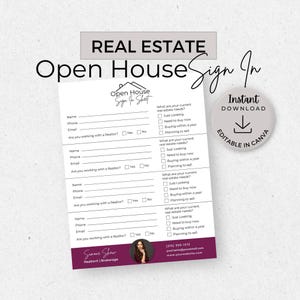 Open House Sign In Sheet, INSTANT DOWNLOAD, Editable Canva Template, Real Estate Marketing, Open House Form, Realtor Open House, Purple