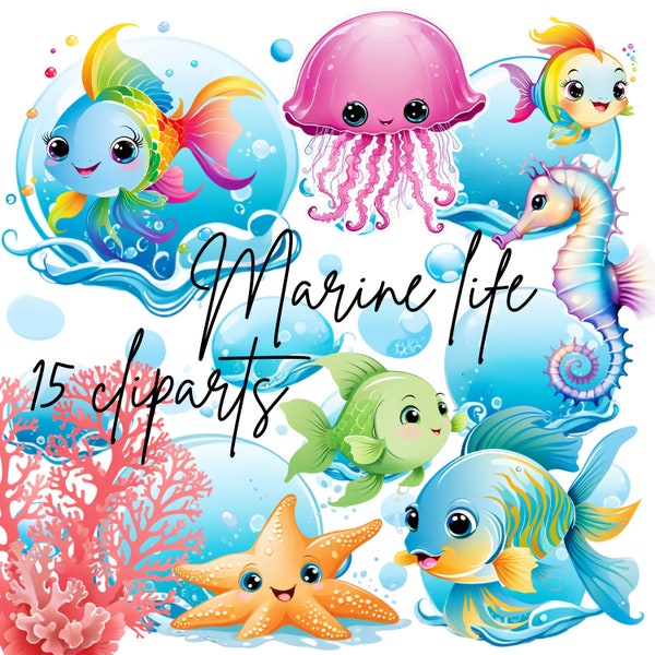 Fish clipart, Baby fish clipart, Cute Nautical Creatures cartoon clipart, 15 ocean clipart, coral clipart, goldfish clipart