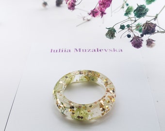 Resin ring with natural pressed gypsophila flowers,botanical jewel.Magical Garden,floral ring handmade.