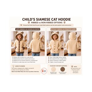 Könnte beinhalten: Cremefarbener und brauner Kinder-Siamesekatzen-Hoodie, mit gerippten oder nicht gerippten Ausführungen. Der Kapuzenpullover hat Knopfverschlüsse und Katzenohren. Der Text lautet "CHILD'S SIAMESE CAT HOODIE".