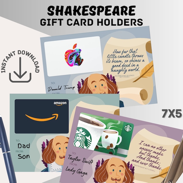 Printable Shakespeare EcoFriendly Gift Card Holder Memorable Quotes Literary Designs Art Mockup Template Graduation Christmas Birthday Gift