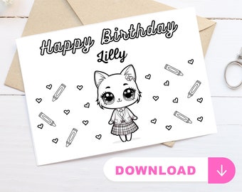 Teacher Cat Coloring Birthday Card - Custom Name - Printable Cards - Gifts for cat lovers - Coloring page