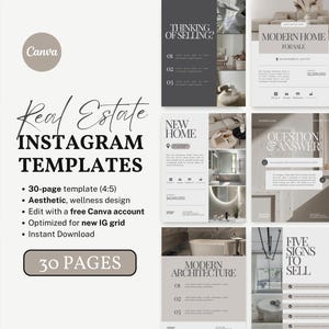 Op de afbeelding: Een verzameling Instagram-sjablonen voor onroerend goed met een neutraal kleurenpalet. De sjablonen bevatten ontwerpen voor moderne huizen, open dagen en moderne architectuur. De tekst bevat "Real Estate Instagram Templates" en "30 Pages".